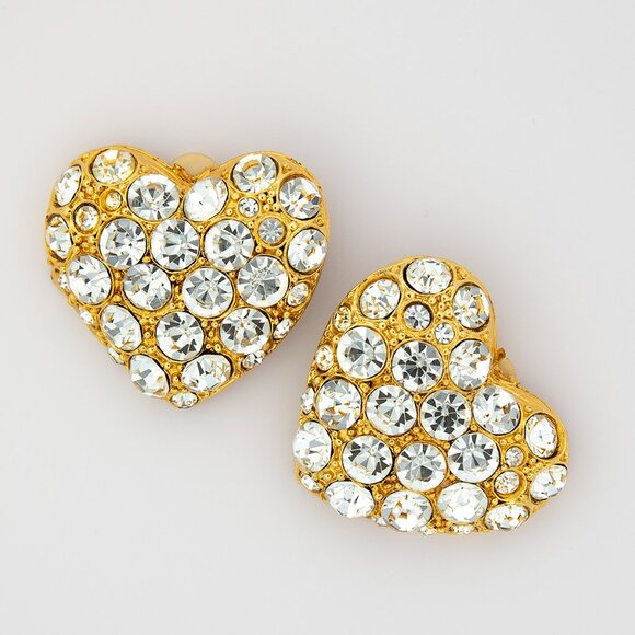 Clip On Crystal Rhinestone Heart Earrings Gold Tone Glamorous Sparkle Statement - Picture 2 of 7